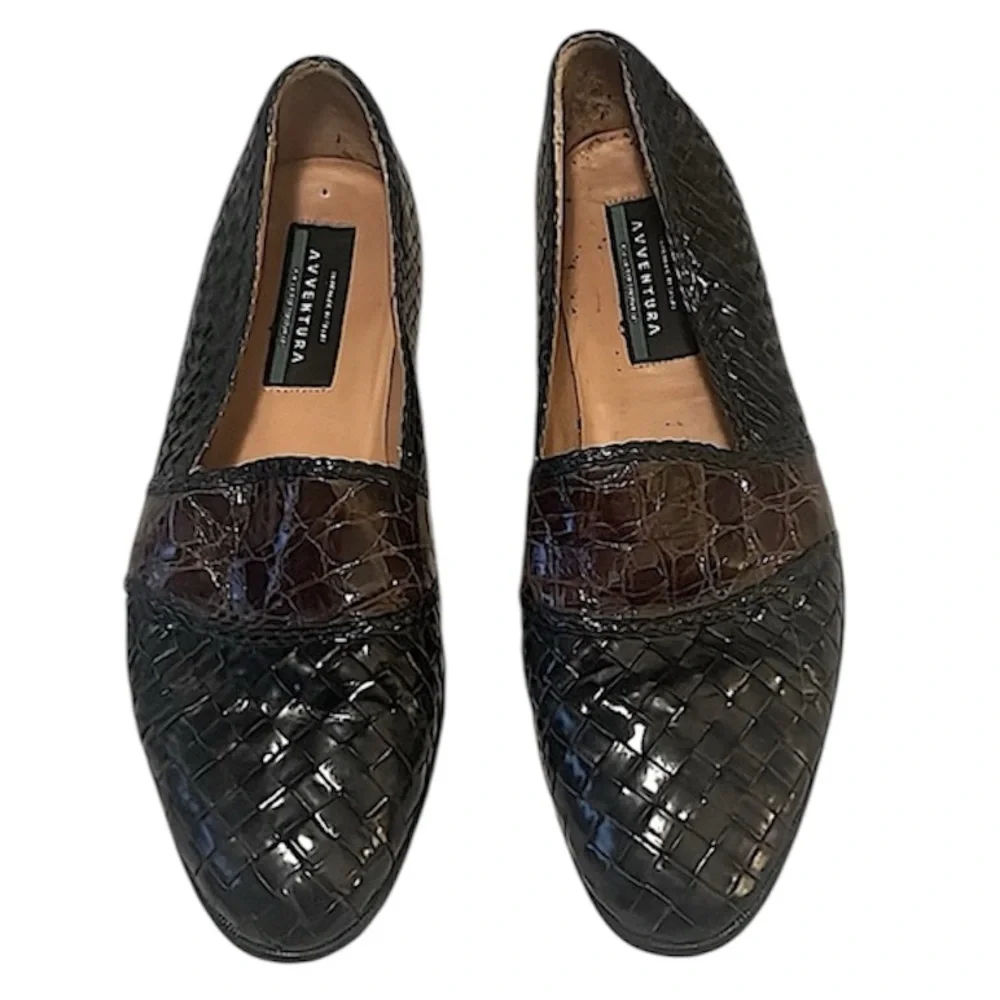 Aventura Men’s Black Brown Loafers  Embossed Woven Leather Handmade Spain Shoes